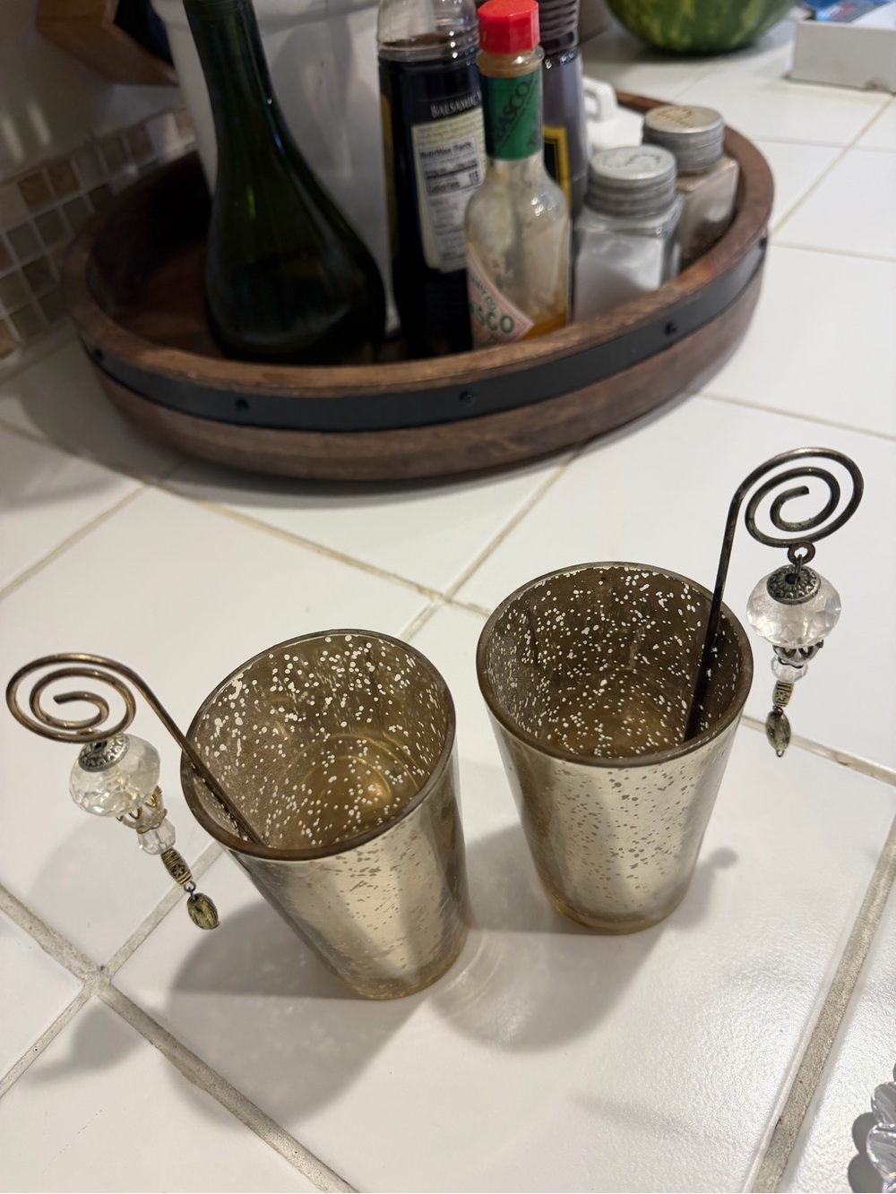 Gold Mercury Glass Votive Candle Holders with Decorative Spiral Picks